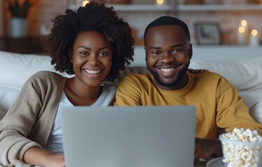 Happy young couple enjoying popcorn on a white sofa, watching a movie together on a laptop