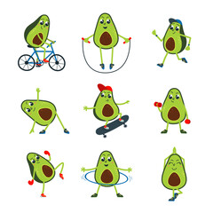 Avocado doing training. Cute avocados with sport tool, workout or exercises. Healthy food, cartoon superfood for vegan nutrition, classy vector set