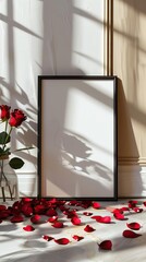 mockup of big simple frame on the floor next to rose petals, romantic atmosphere, valentines day mood, modern interior