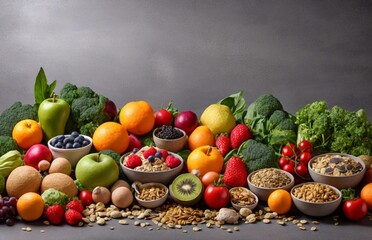 Healthy food clean eating selection: fruit, vegetable, seeds, superfood, cereal, leaf vegetable on gray concrete background