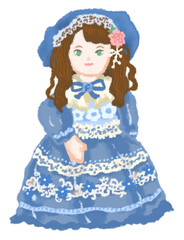 豪華な青いドレスを着た茶髪のフランス人形