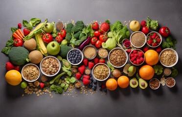 Healthy food clean eating selection: fruit, vegetable, seeds, superfood, cereal, leaf vegetable on gray concrete background