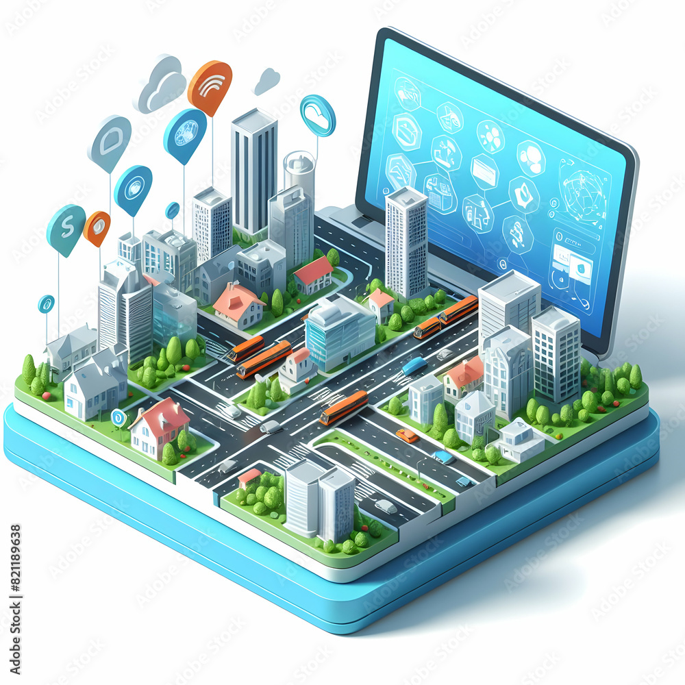 Poster 3d flat icons: digital twins enhancing sustainable urban planning with real time data for efficient 