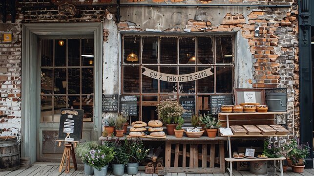 Charming Rustic Bakery Storefront with Vintage Signage and Flower Pots