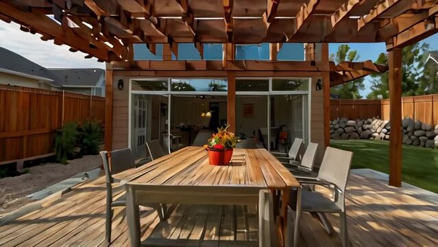 Outdoor dining area with wooden table and chairs under a pergola