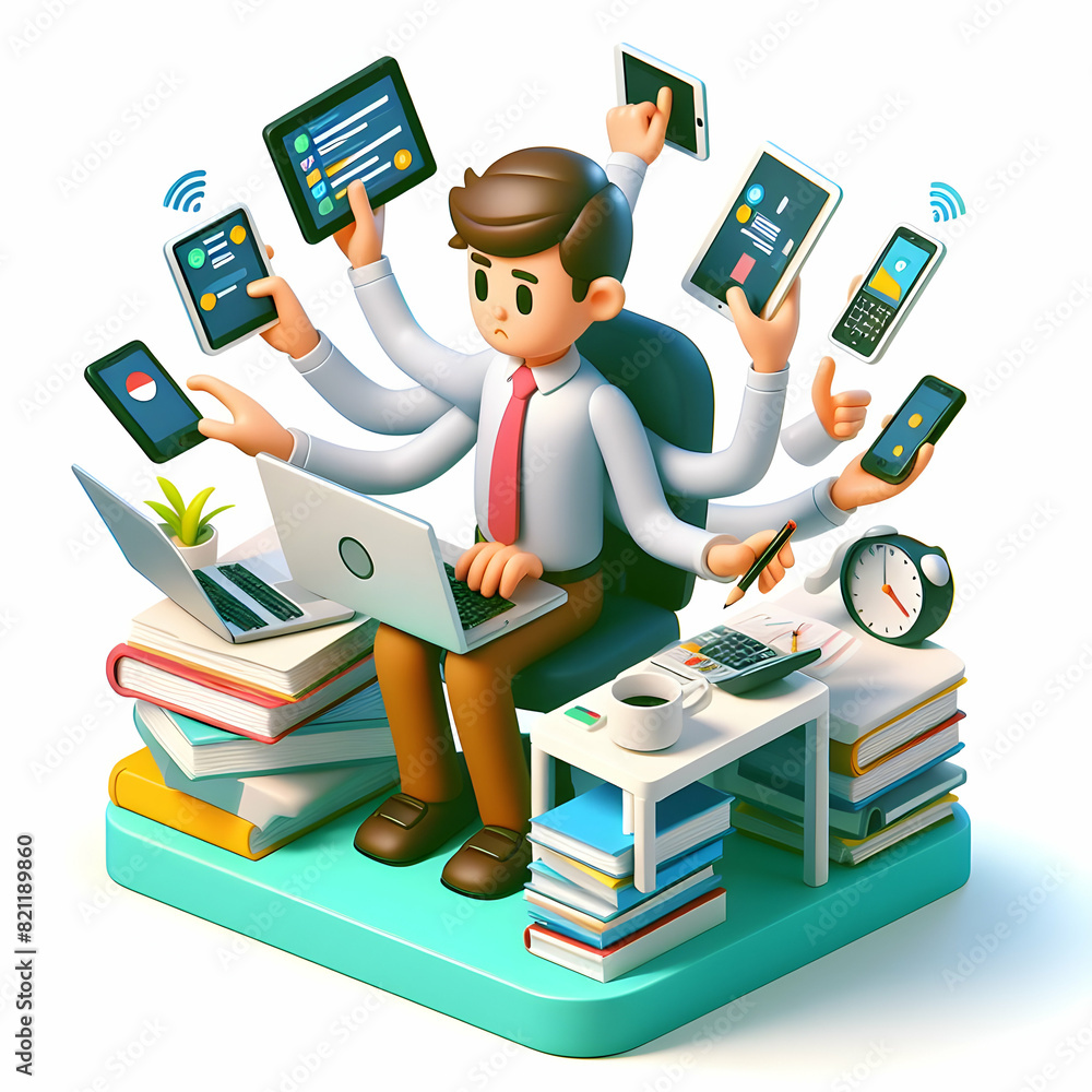 Poster 3d flat icon: employee multitasking with devices illustrates time management challenges and low perf