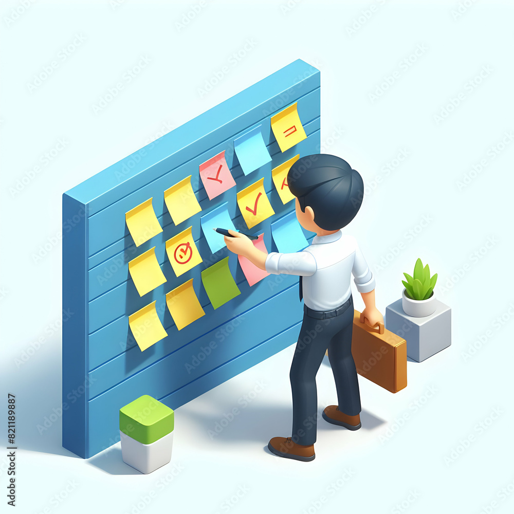 Aufkleber cartoon employee excelling in time management and productivity with sticky notes on wall 3d flat ico