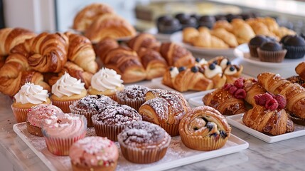Bakery Delights Assortment of Fresh Pastries Croissants and Muffins Neatly Presented on Counter