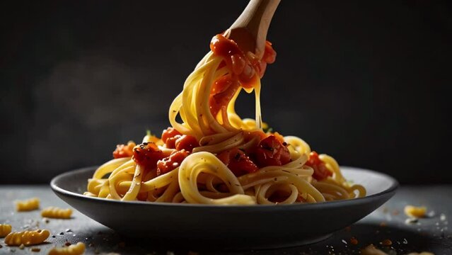 Plate of steaming spaghetti with tomato sauce being lifted with a wooden spoon