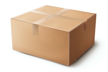 A cardboard box with a white label on top