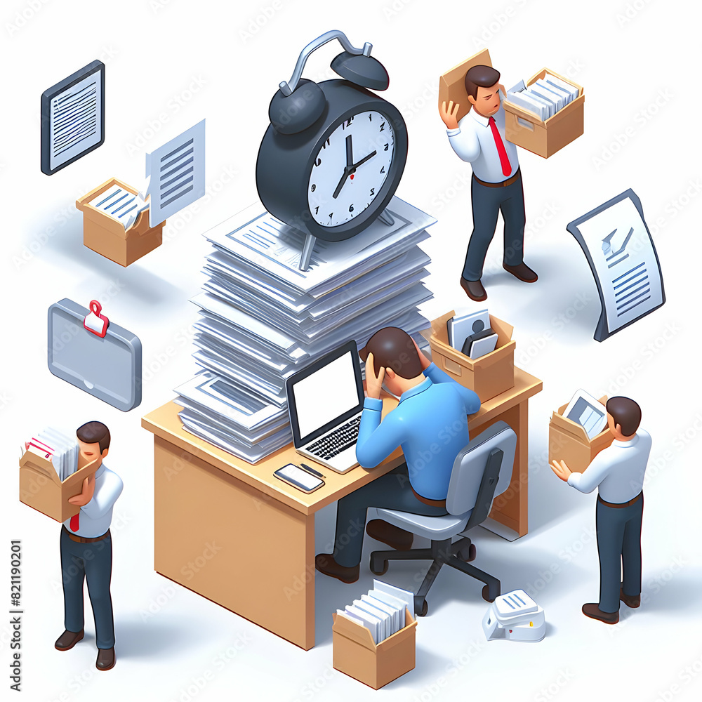 Poster stressed employee juggling multiple tasks 3d flat icon illustrating poor time management and workloa