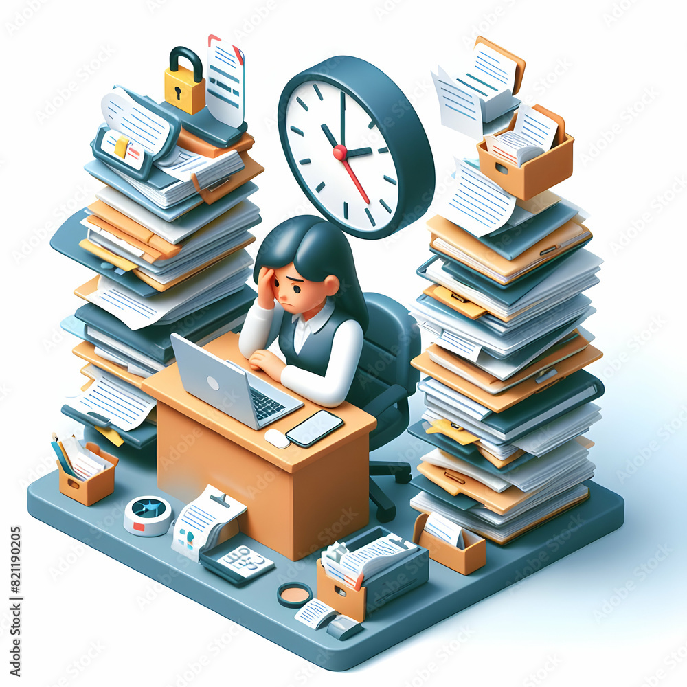 Poster cartoon style 3d flat icon illustrating employee struggling with multiple tasks and overwhelming wor