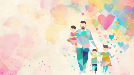 Abstract vector image featuring a cheerful father and children as colorful geometric shapes, with a background of soft pastel hues blending harmoniously to represent love and care