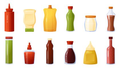 Cartoon sauce bottles. Different sauces, soy, chilli ketchup, chinese japanese hot wasabi. Mayonnaise and mustard, spices for food nowaday vector packs