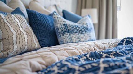 details of the bed, showing the textures and patterns of the blue and beige pillows and blankets generative ai