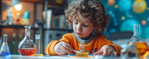 A child doing a science experiment at home, curious, vibrant colors, digital art, representing learning and discovery