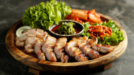 Authentic korean pork belly with kimchi, lettuce, and spicy sauce on a wooden platter for a succulent meal