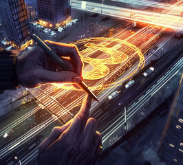 Award Winning Stock A digital artist's hand sketching a Bitcoin symbol that blends into a cityscape, representing the cryptocurrency's integration into the urban economy High quali