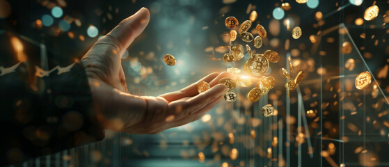 Award Winning Stock A dramatic portrayal of financial growth, with a hand releasing a swarm of golden Bitcoin symbols, blending into an upward soaring graph The double exposure tec
