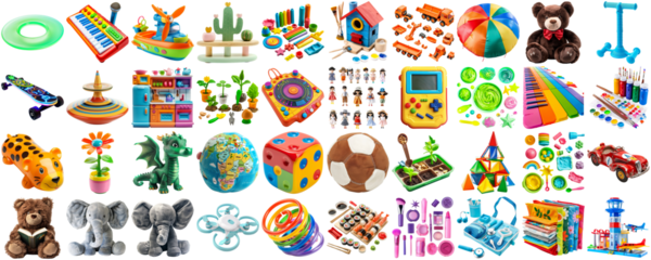 big collection of different toys for children kid, school playroom decor, magnet toy, doll, teddy bear, board game, photo collage set, isolated transparent background AIG44