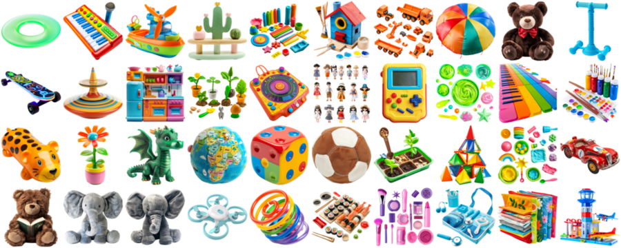 big collection of different toys for children kid, school playroom decor, magnet toy, doll, teddy bear, board game, photo collage set, isolated transparent background AIG44