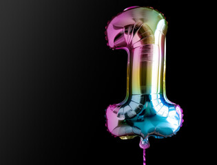 Number 1 shape. Helium balloon, rainbow colors. Separate on black background.