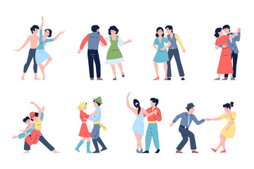 Fototapeta premium Couple dancing together. Different dancers, modern and ballet, hip hop and traditional dances. People in different costumes, entertainment actors recent vector set