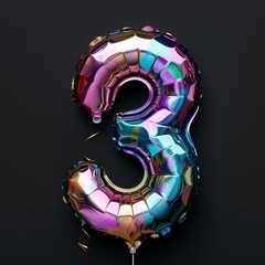 Number 3 shape. Helium balloon, rainbow colors. Separate on black background.