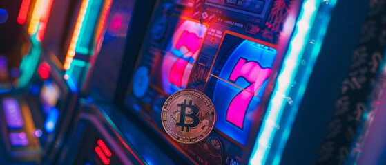 Obraz premium Award Winning Stock A macro shot of a cryptocurrency coin being inserted into a slot machine, with digital graphs and neon lights in the background, capturing the gamble and risk a