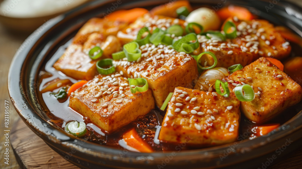 Wall mural Close-up of a spicy korean tofu stew with green onions and sesame seeds, served in a traditional black bowl - Wall murals