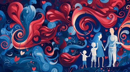 Vector style illustration of a happy father and children symbolized by playful abstract forms, set against a royal blue and deep red background filled with swirling patterns of love and care