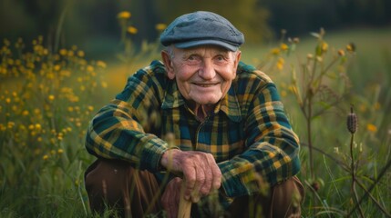 Elderly Man Smiling in Field