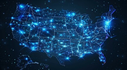 Obraz premium A map of the United States is lit up with blue lights