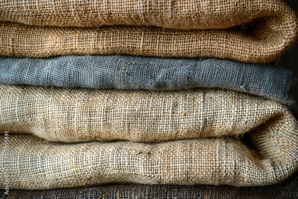 Poster a stack of different colored blankets made of burlap