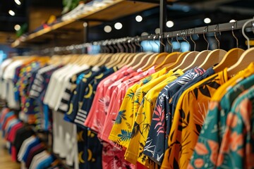 Obraz premium A rack of clothes with a variety of colors and patterns, clothing retail store