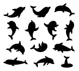 Isolated black dolphins silhouettes. Dolphin swimming and playing. Underwater animals stickers, flat sea ocean marine characters classy vector clipart