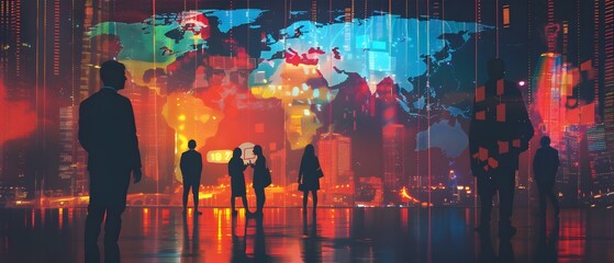 Obraz premium Futuristic Cityscape with Illuminated Skyscrapers and Global Connectivity