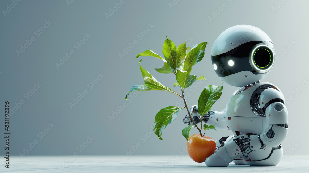 Poster development of sustainable robotics companies illustrated in a 3d render. focus on green technology 