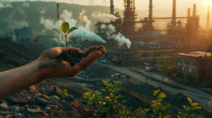 Hand holding a sapling with a backdrop of an industrial area, symbolizing hope for change.