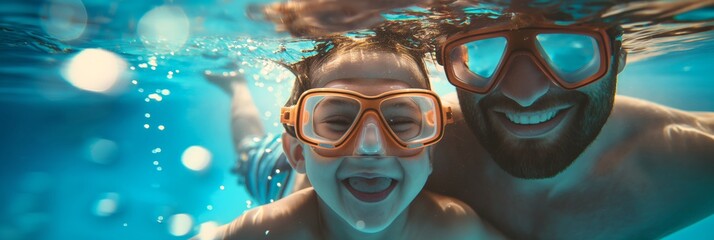 Father and young son enjoy a playful and adventurous underwater swim together while wearing goggles