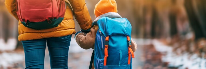 Rear view of a parent holding hands with a small child, both wearing backpacks in a forest setting
