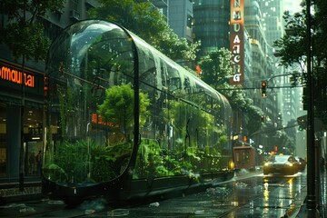 A captivating view of a transparent glass bus traveling through city streets, with its interior illuminated by natural light and lush green plants creating a refreshing oasis amidst the hustle and bus - Powered by Adobe