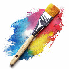 Obraz premium A close-up of a paintbrush with vibrant colors of red, blue, and yellow paint on a white background, capturing the essence of creativity and artistry.