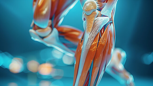 Close-up of a detailed human muscle anatomy model with focus on the leg, showing muscle structure and joints under a blue light.