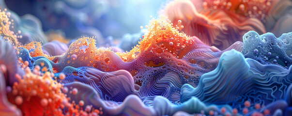 Naklejka premium Colorful abstract 3D rendering with vibrant colors and organic shapes, resembling an imaginative blend of nature and digital art