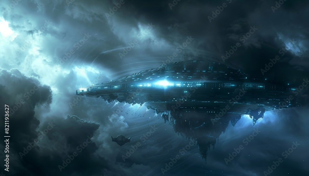 Wall mural a large spaceship is flying through a cloudy sky by ai generated image