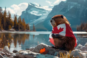 Photo sur Plexiglas Beaver wrapped in Canadian flag by lake with mountains in background. Close-up of beaver against Canadian flag. Canada Day holiday. National celebration and patriotism concept. Banner, poster