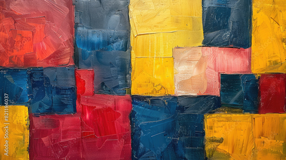 Poster vivid colors in a bold abstract painting with red and yellow blocks. the textured layers add depth a