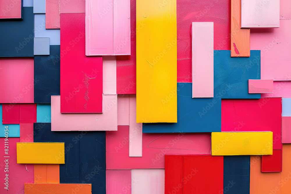 Poster vibrant geometric art with overlapping rectangular shapes in bold colors. this abstract design is bo