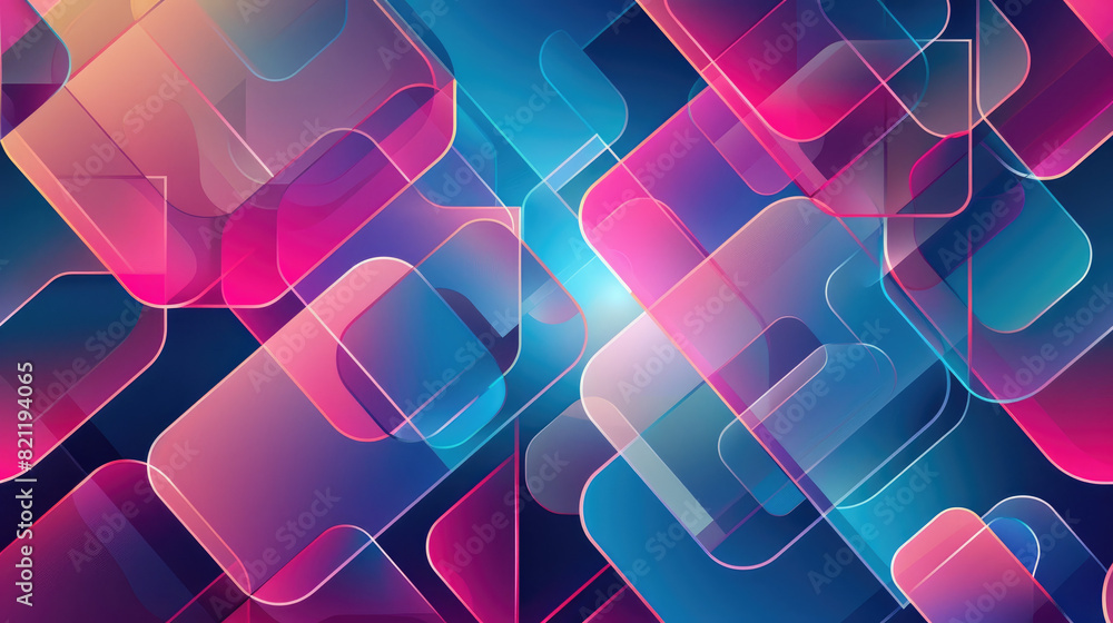 Poster vibrant abstract art featuring transparent rectangles in dynamic pink and blue tones. a colorful and